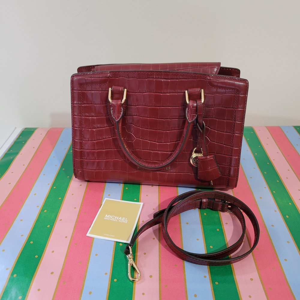 MICHAEL KORS Burgundy Crocodile-Embossed Leather Handbag Gold Hardware NWOT - Picture 15 of 16